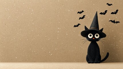 Black Cat Wearing a Witch Hat with Bats for Halloween
