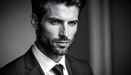 Obraz premium Suave Man in Monochrome: A striking portrait of a well-groomed man, exuding confidence and sophistication, captured in elegant black and white, highlighting his refined features and poised demeanor.