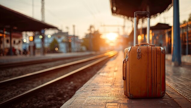 Vintage Suitcase on Train Platform at Sunset Ready for Travel