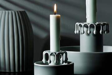 Elegant Minimalist Candle Arrangement with Dripped Wax on Grey Background