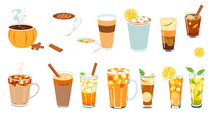 Collection of refreshing iced coffee and tea drinks with garnishes