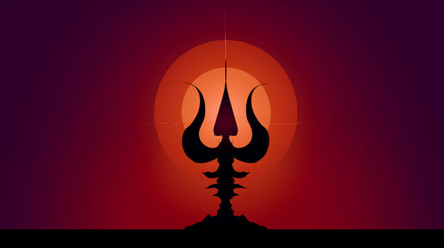 Minimalist Maha Navami visual, abstract representation of trishul piercing demon silhouette, fire and divine light in center, bold red-to-dark purple gradient background,