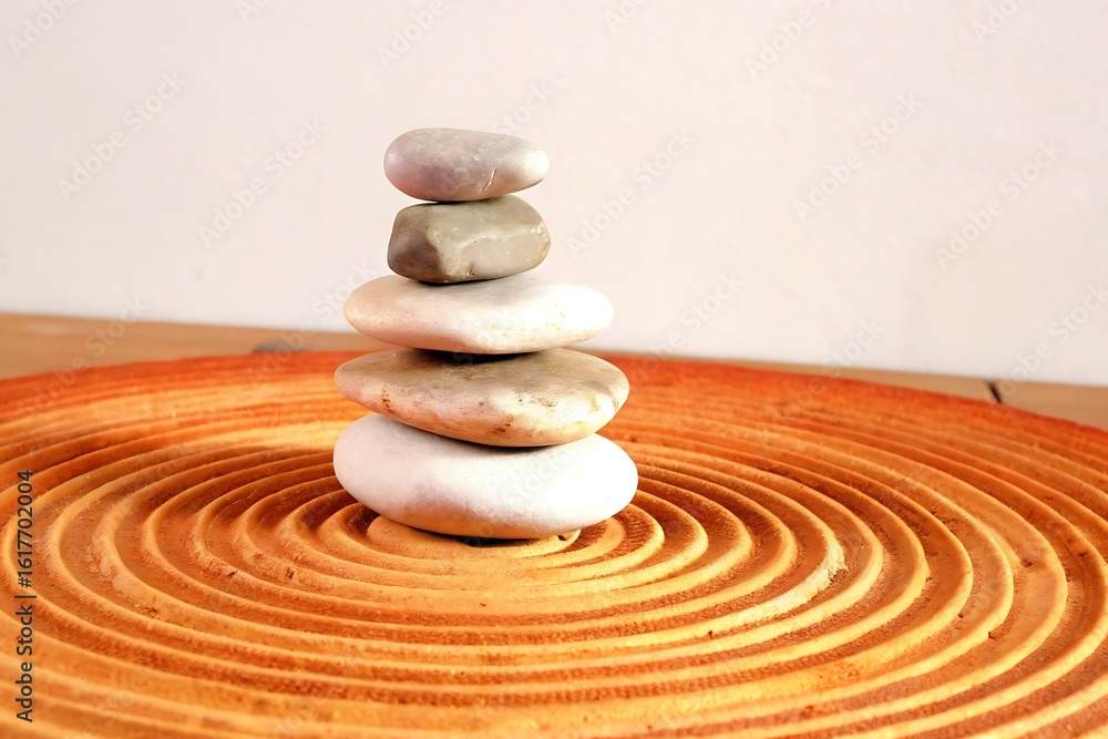 Aufkleber serene stacked stones on a circular wooden base in a minimalistic design setting