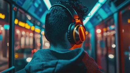 Man listening to music with headphones while riding a bus during nighttime, Man with headphones standing in bus Cinematic