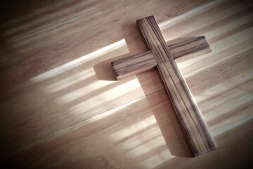 Wooden Cross on Floor Creating Soft Shadows in Natural Light with a Minimalist Aesthetic