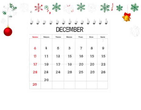  Festive Holiday Calendar with Marked Christmas Date Isolated on Transparent Background PNG