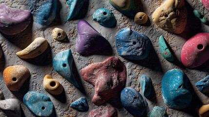 Close-Up of Colorful Indoor Climbing Wall Holds with Chalk Dust and Shadow Texture
