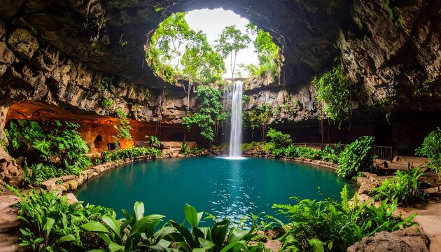 Lush waterfall plunging into a tranquil pool