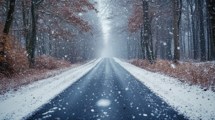 Snowy winter road through forest with bare trees and snowfall perfect for seasonal travel stories nature wallpapers and holiday campaigns
