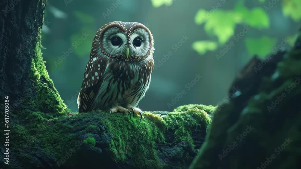 Poster owl perched on mossy tree branch in serene forest environment during timelapse sequence, owl on a mo