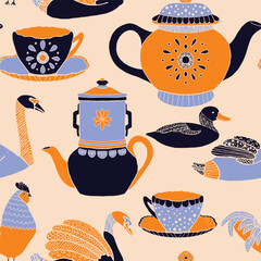 This delightful folk-art pattern combines pastoral charm with cozy tea-time vibes. Rendered in bold black silhouettes against a white background.