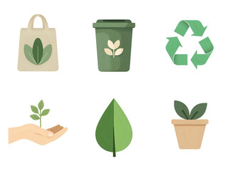 A set of six environmental icons featuring a tote bag, recycling bin, recycling symbol, hand holding a sprout, leaf, and potted plant.
