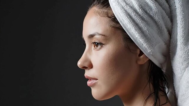 A woman with a towel on her head gazes left in profile against a dark background