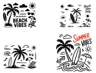 Summer beach silhouette set, vector tropical beach landscape