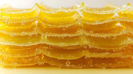 Fototapeta premium Stacked, translucent, yellow layers with bubbles. A close-up view of the layers reveals a bubbly, honey-like consistency