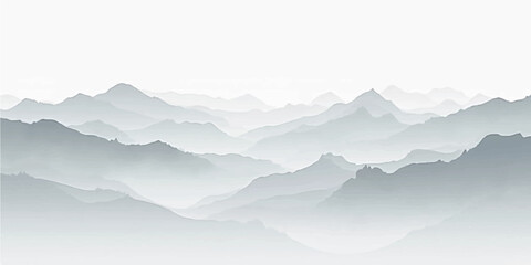 Serene grayscale mountain layers fading into foggy mist under a calm sky