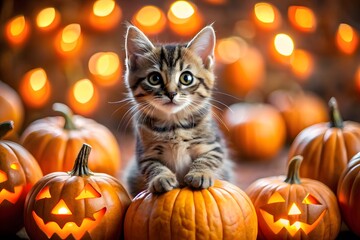A cute kitten sits on a jackolantern surrounded by pumpkins