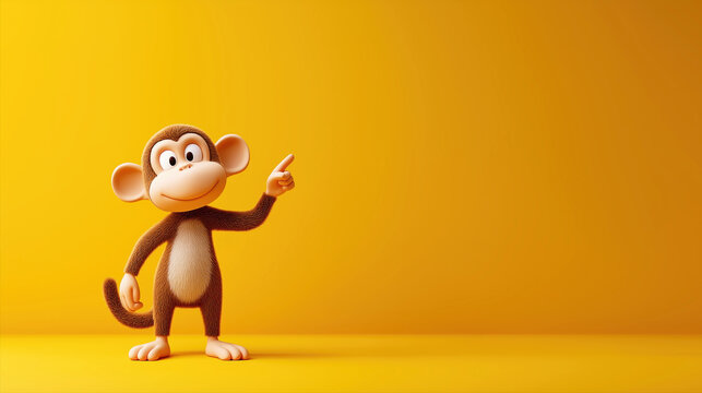 cute funny cartoon character happy monkey points with finger at a copy space on yellow isolated background