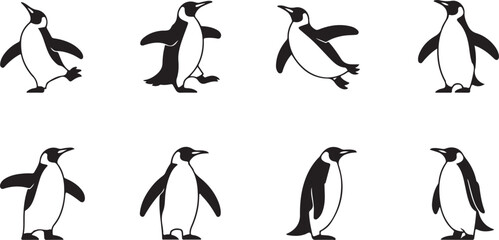 Fototapeta premium Set of penguin character illustrations in various dynamic poses. A black and white vector graphic collection of arctic birds in a simple, clean style.