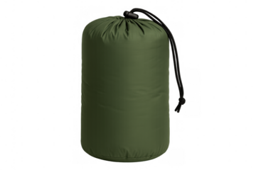 Green rolled camping sleeping bag lying on transparent backdrop, providing warmth and comfort during wilderness expeditions