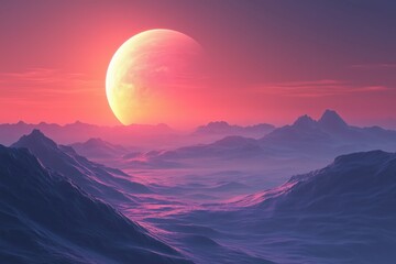 Fototapeta premium Discover vast otherworldly alien landscape with majestic mountains illuminated by tranquil celestial glow from mysterious fantasy planet horizon.