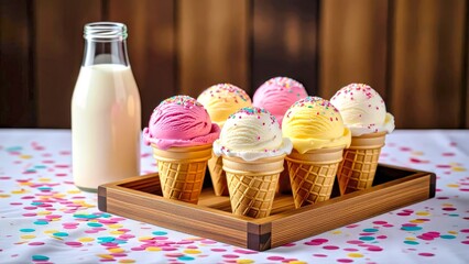 Wooden Tray with Ice Cream and Milk on Polka Dot Tablecloth