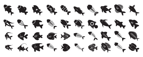 Fototapeta premium Silhouettes of Various Fish with Unique Designs and Bone Structures for Marine Illustrations