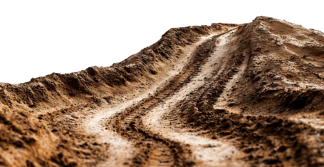 Dirt road with deep tire tracks on muddy terrain, isolated on transparent cutout background