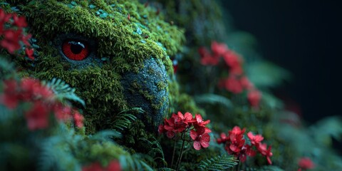 Obraz premium Mysterious Forest Scene with Mystical Creature Hidden Among Moss and Flowers