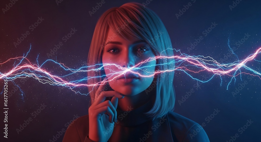 Poster woman with electrical current and sparking effects. future technology for business and science. digi