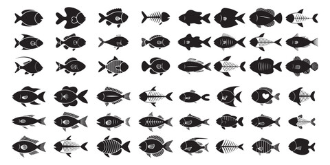 Fototapeta premium Diverse Black Fish and Bone Silhouettes for Decorative Ocean and Sea Life Designs