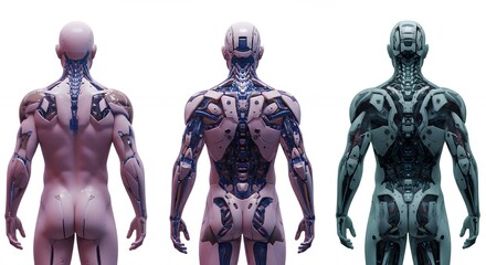 Three futuristic human figures back view
