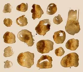 Set of grungy coffee stain. coffee stain brush strokes, grungy coffee splatters, freehand coffee painting, artistic design element.