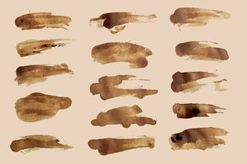 Set of grungy coffee stain. coffee stain brush strokes, grungy coffee splatters, freehand coffee painting, artistic design element.