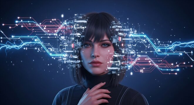 Woman with digital brain and data connections. Artificial intelligence and machine learning concept for technology.