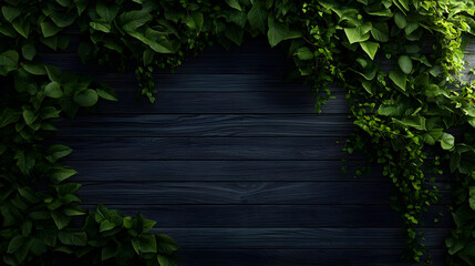 Dark wood planks frame, vibrant green leaves.  Fresh, lush foliage cascading down dark wooden surface.  Soft lighting highlights the botanical elements