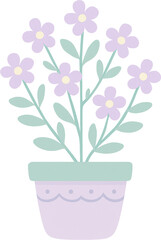 Pastel purple flowers with green leaves in a light purple and green pot