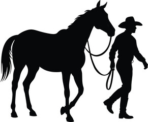 Black silhouette of a cowboy leading a horse