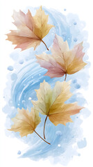 An autumn illustration of autumn maple leaves drifting gracefully against a soft blue abstract watercolor background, capturing the delicate beauty and essence of the fall season in vibrant colors