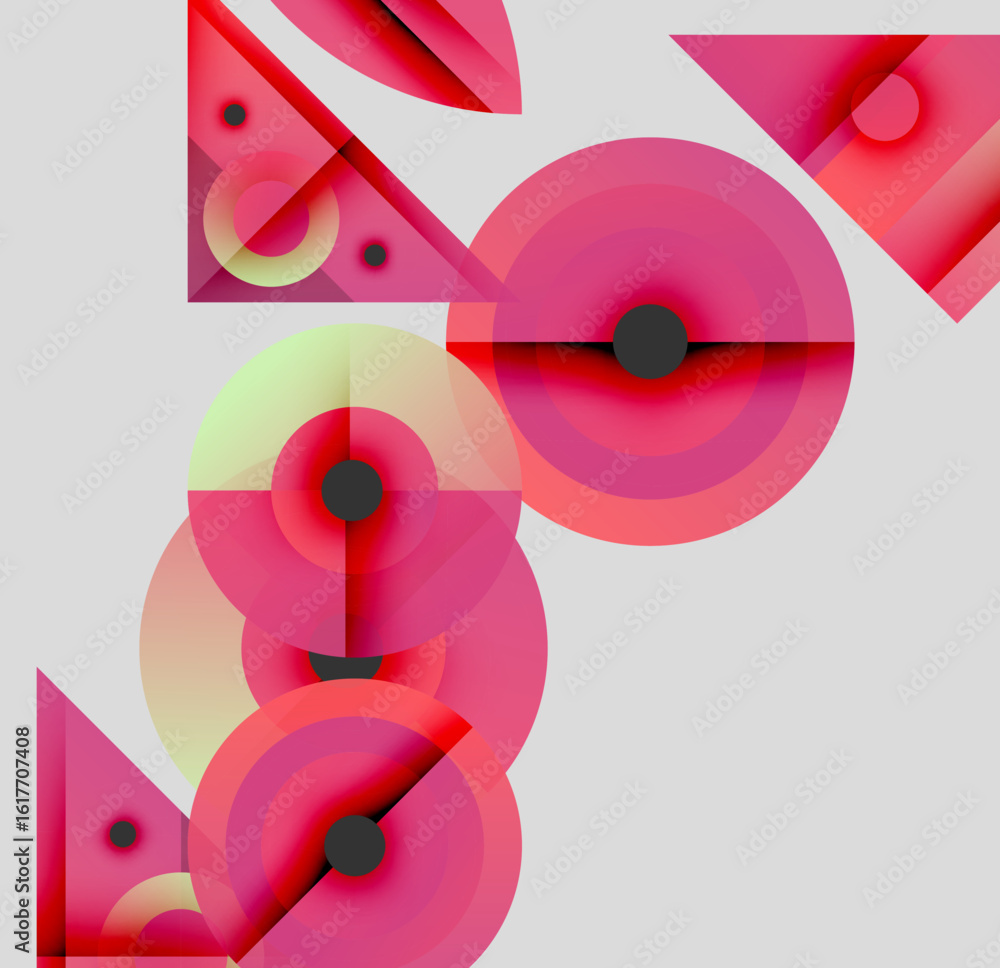 Poster abstract geometric composition. pink, yellow shapes overlap, creating dynamic visual effect. minimal