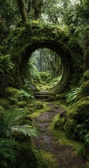 Naklejka premium Mossy stone archway path, rainforest, mystical, nature scene, fantasy travel poster