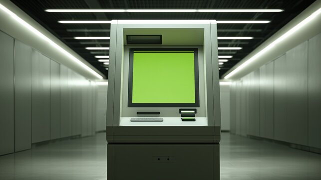Retro-futuristic terminal with green chroma screen standing in the middle of a high-tech corridor perfect for interface mockups, server environment scenes and digital concept art