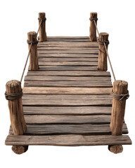 Obraz premium Wooden pier bridge, top-down view. Simple, rustic design. Plank decking, wooden posts, secured with ropes. Dark, natural wood tones