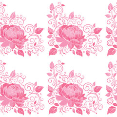 A delicate seamless repeat pattern featuring fine pink line art of blooming peonies