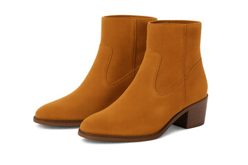 Stylish mustard ankle boots with a low heel, showcasing modern footwear design on a transparent background