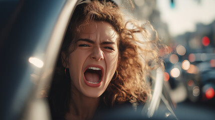 Young woman with curly hair is expressing intense emotion while leaning out of a car window in a busy urban environment, capturing a moment of raw human experience