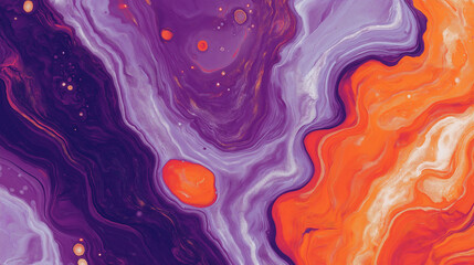 Abstract fluid art illustration featuring vibrant purple and orange swirls, creating a mesmerizing visual effect with dynamic movement and rich textures, ideal for modern design projects