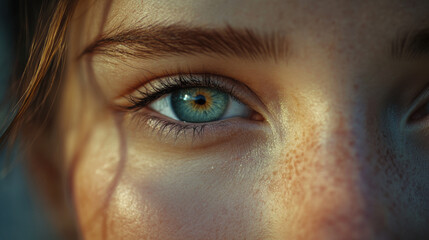 Close-up of blue-eyed woman with freckles in soft light showcasing beauty natural skin texture and makeup for skincare ads and fashion blogs