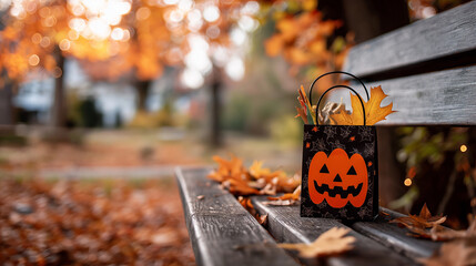 Halloween-themed black gift bag with a jack-o'-lantern face sits on a wooden bench surrounded by fallen orange leaves in a vibrant autumn park setting, evoking festive seasonal spirit
