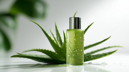 Green glass bottle of skincare product placed on a reflective surface, surrounded by fresh aloe vera leaves, highlighting natural ingredients and beauty care concepts